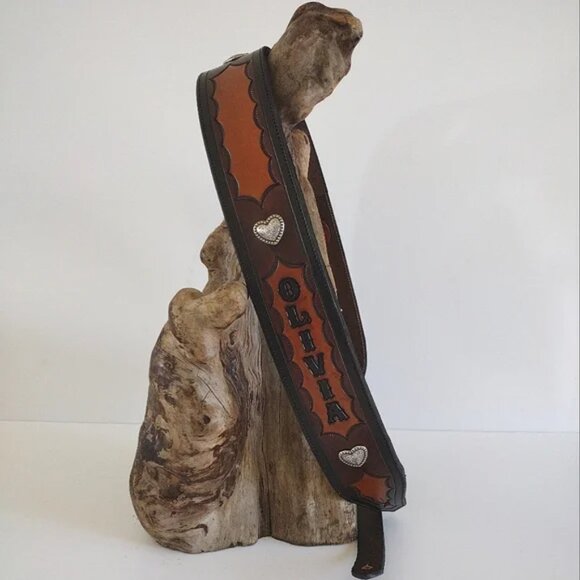 Custom Hand Tooled Leather Guitar Strap Adjustable Olivia - Picture 11 of 13